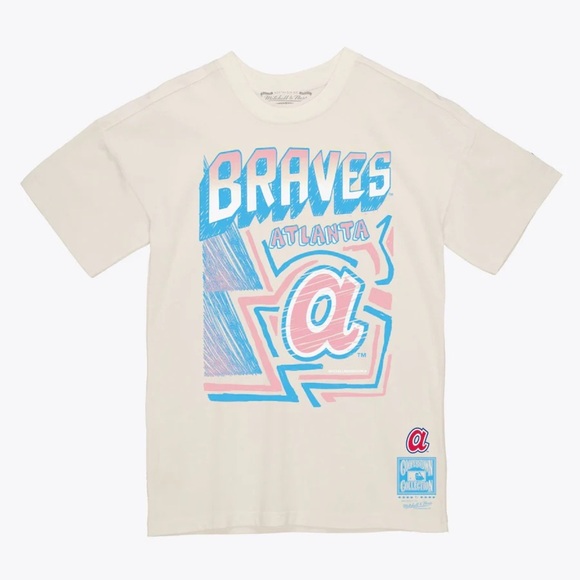 Mitchell and Ness Atlanta Braves Sidewalk Sketch Tee Cream/Blue/Pink L - Picture 1 of 8